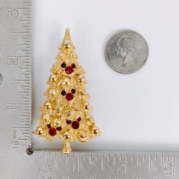Signed Disney Christmas Tree Brooch Gold Tone Red Rhinestones Hidden Mickey VTG - Picture 10 of 12